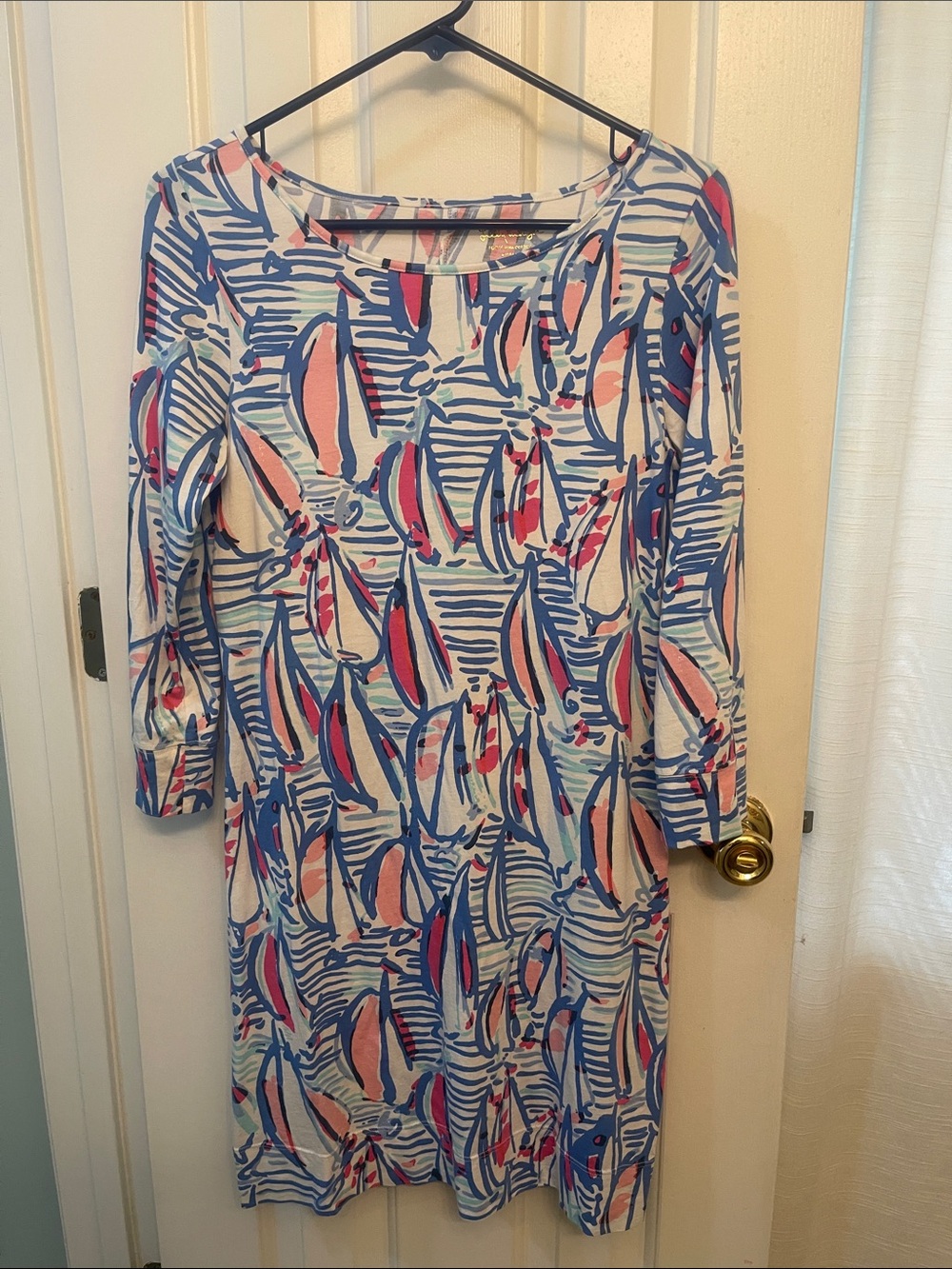 Lilly Pulitzer Red Right Return Sailboat Print Shift Dress with 3/4 sleeves